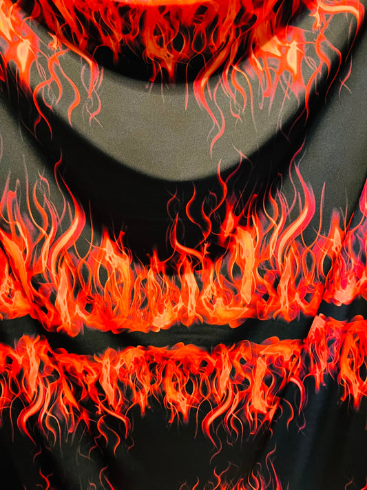 Flames design Black/Fire print on great quality of Poly spandex 4-way stretch 58/60” Sold by the YD. Ships Worldwide from Los Angeles