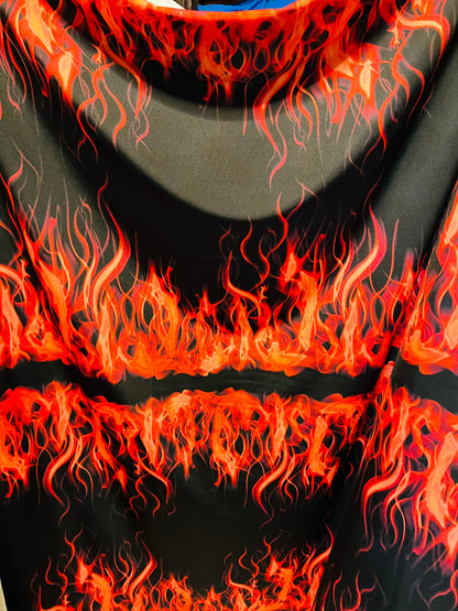 Flames design Black/Fire print on great quality of Poly spandex 4-way stretch 58/60” Sold by the YD. Ships Worldwide from Los Angeles