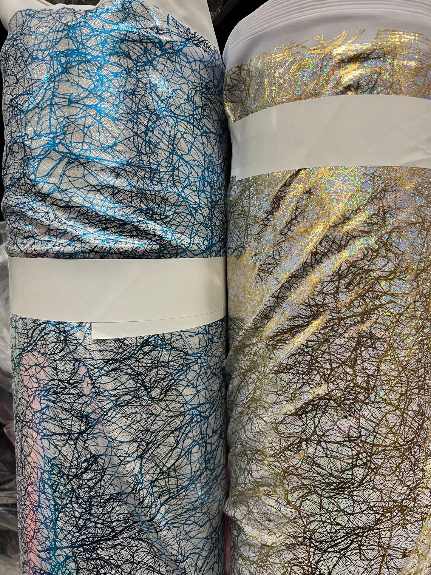 New Modern Pollock abstract design hologram metallic nylon spandex 4-way stretch 58/60” Sold by the YD. Ships Worldwide from Los Angeles CA