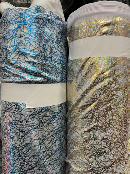 New Modern Pollock abstract design hologram metallic nylon spandex 4-way stretch 58/60” Sold by the YD. Ships Worldwide from Los Angeles CA