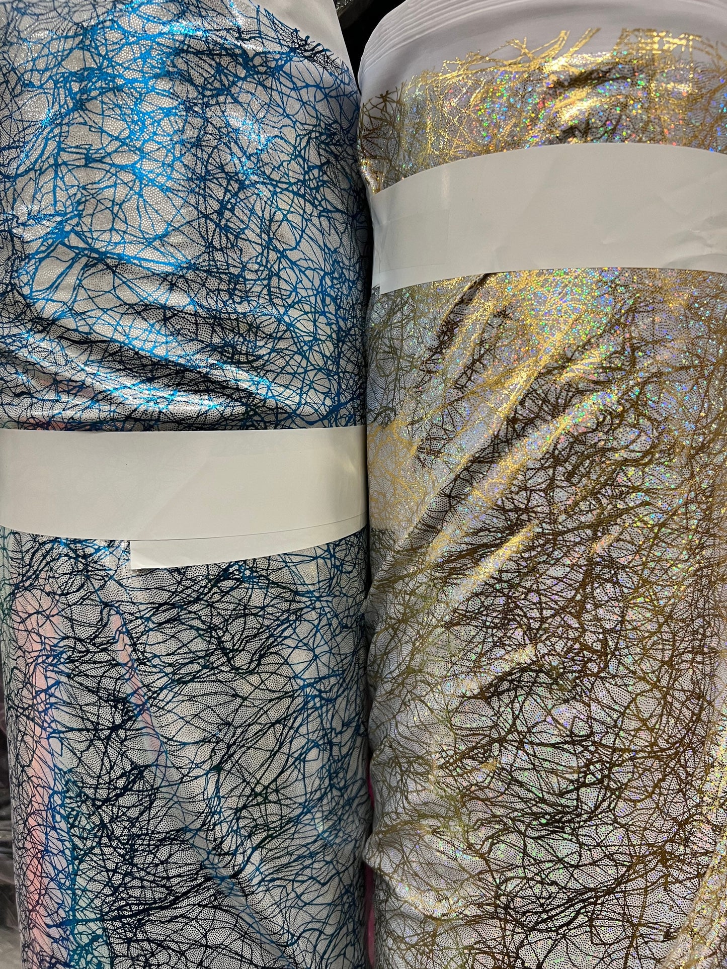 New Modern Pollock abstract design hologram metallic nylon spandex 4-way stretch 58/60” Sold by the YD. Ships Worldwide from Los Angeles CA