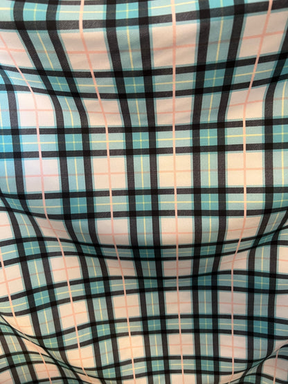 New modern plaid design Tiffany/blush pink print on great quality of nylon spandex 4-way stretch 58/60”  Sold by the YD.