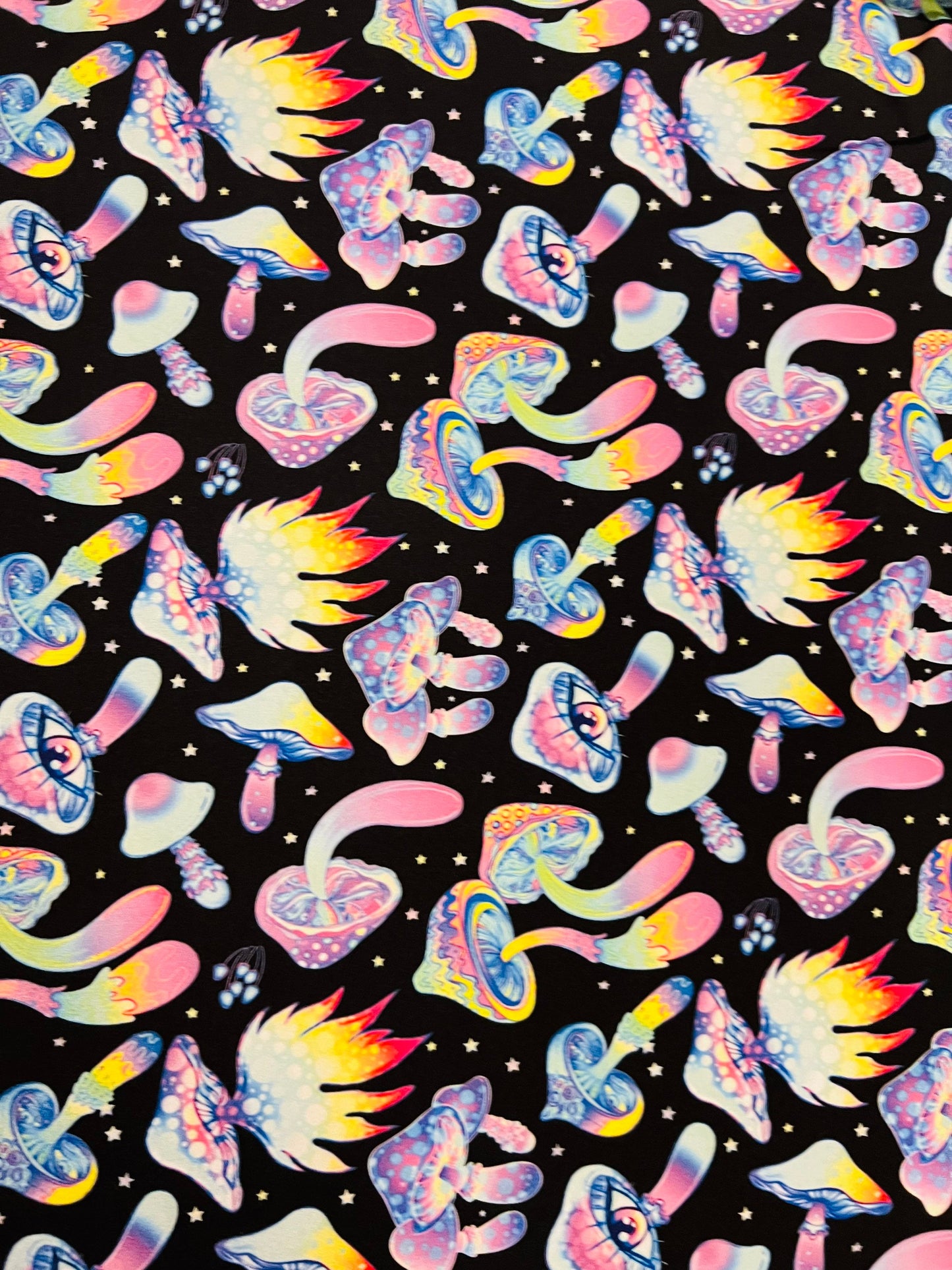 Psychedelic Mushrooms 3D design Black/Multicolor, rave, stretch nylon spandex fabric 4-way 58/60” Sold by the YD.