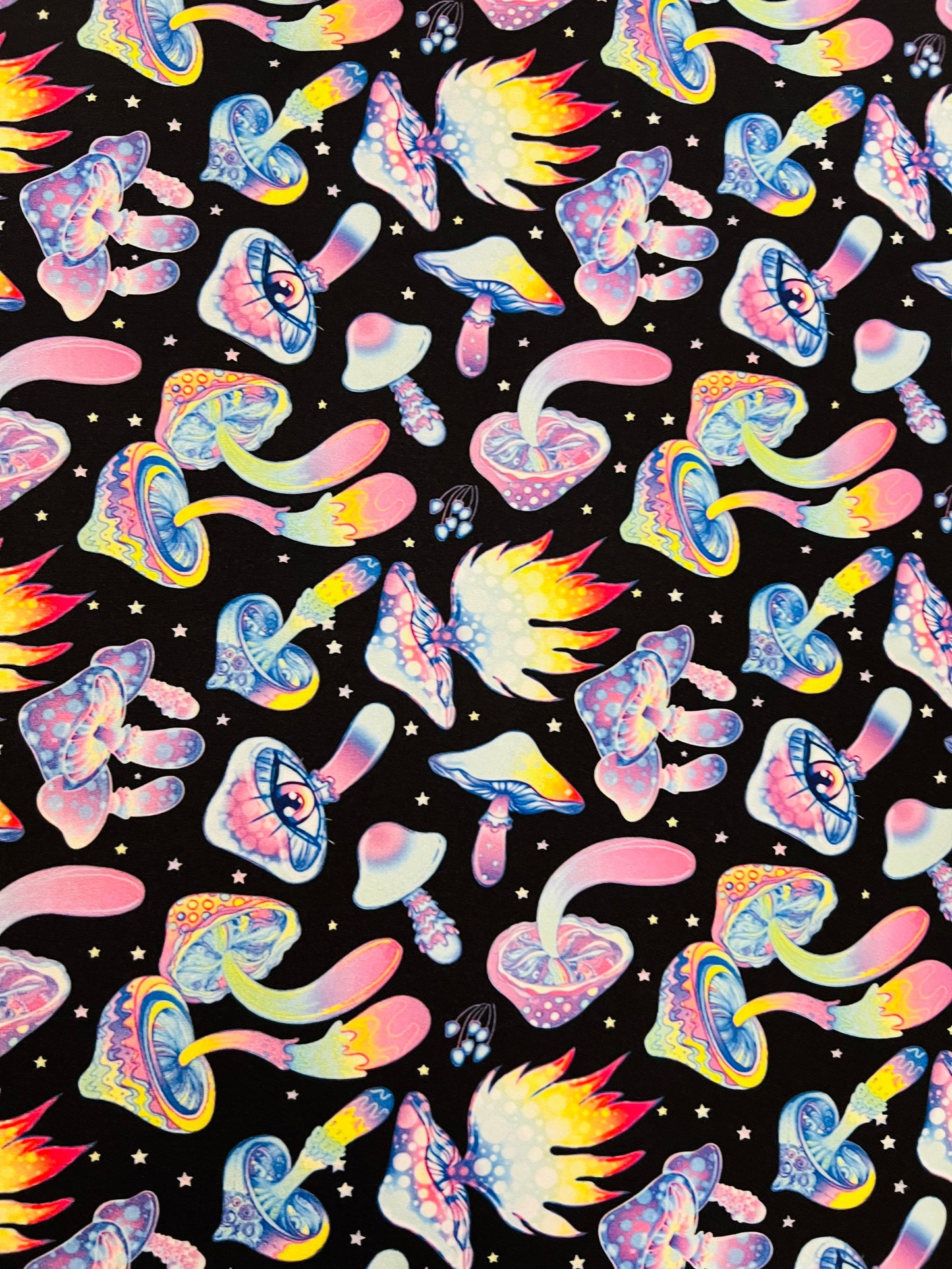 Psychedelic Mushrooms 3D design Black/Multicolor, rave, stretch nylon spandex fabric 4-way 58/60” Sold by the YD.