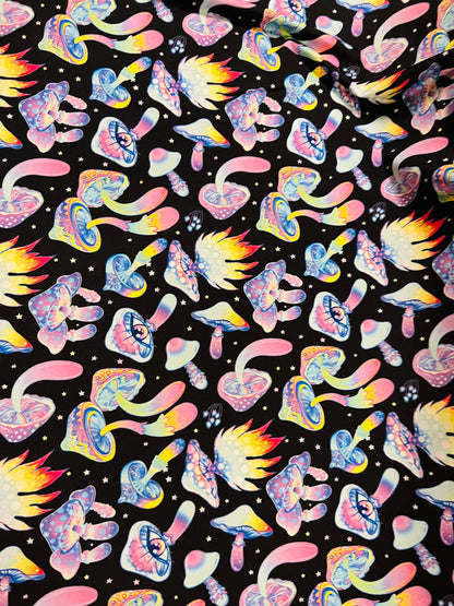 Psychedelic Mushrooms 3D design Black/Multicolor, rave, stretch nylon spandex fabric 4-way 58/60” Sold by the YD.