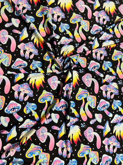 Psychedelic Mushrooms 3D design Black/Multicolor, rave, stretch nylon spandex fabric 4-way 58/60” Sold by the YD.