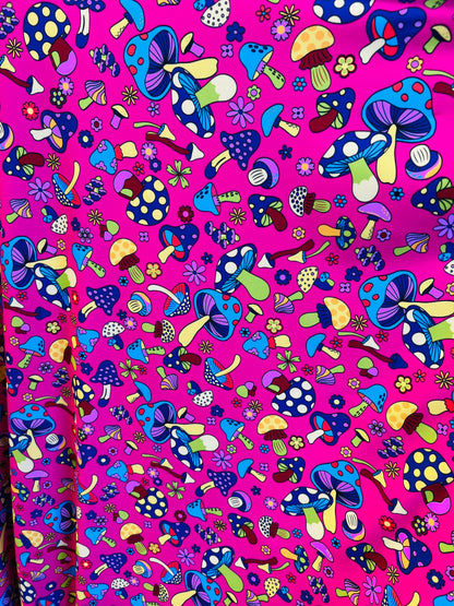 New Mushrooms design pink/multicolor print on best quality of Nylon spandex 4-way stretch 58/60” Sold by the YD. Ships Worldwide from L.A