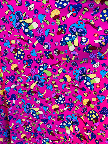 New Mushrooms design pink/multicolor print on best quality of Nylon spandex 4-way stretch 58/60” Sold by the YD. Ships Worldwide from L.A