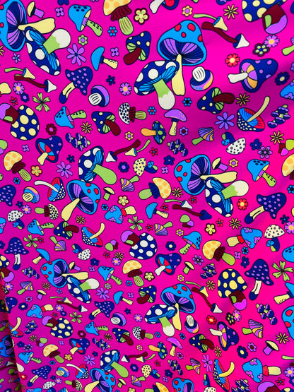 New Mushrooms design pink/multicolor print on best quality of Nylon spandex 4-way stretch 58/60” Sold by the YD. Ships Worldwide from L.A