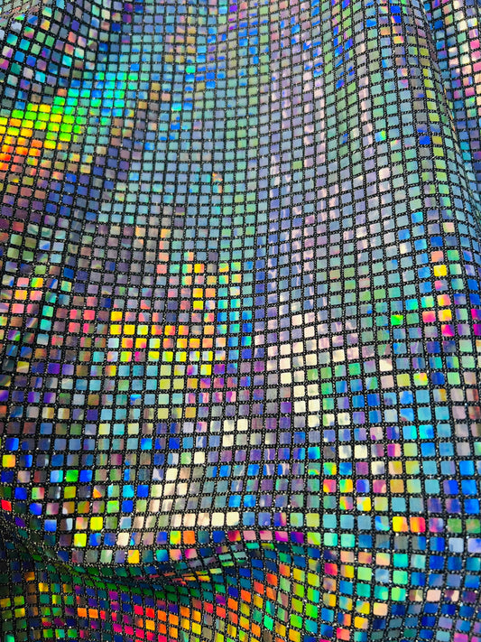 New square hologram sequins 5mm spectrum color on metallic nylon base 2-way stretch 58/60” Sold by the YD. Ships Worldwide from Los Angeles