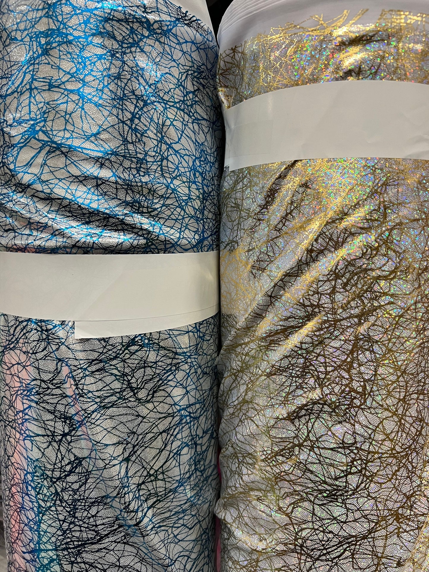 New Modern Pollock abstract design hologram metallic nylon spandex 4-way stretch 58/60” Sold by the YD. Ships Worldwide from Los Angeles CA