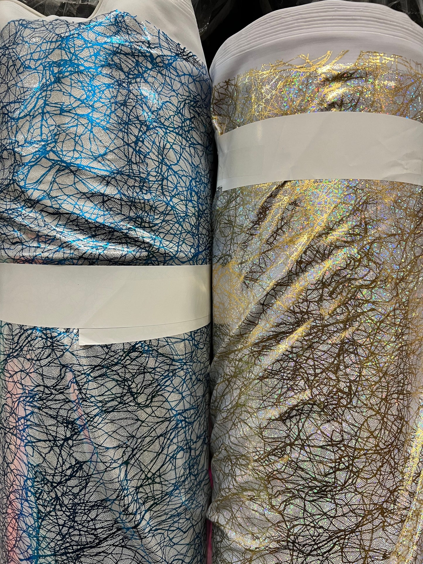 New Modern Pollock abstract design hologram metallic nylon spandex 4-way stretch 58/60” Sold by the YD. Ships Worldwide from Los Angeles CA