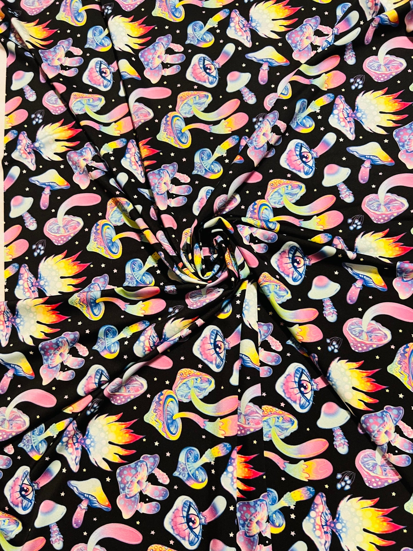 Psychedelic Mushrooms 3D design Black/Multicolor, rave, stretch nylon spandex fabric 4-way 58/60” Sold by the YD.