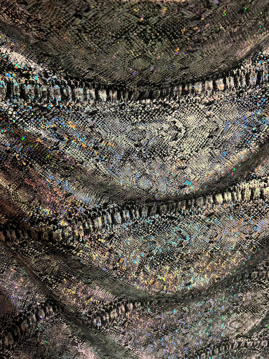 New Exotic Snake design hologram metallic nylon spandex 4-way stretch black/silver 58/60”  wolf by the YD.