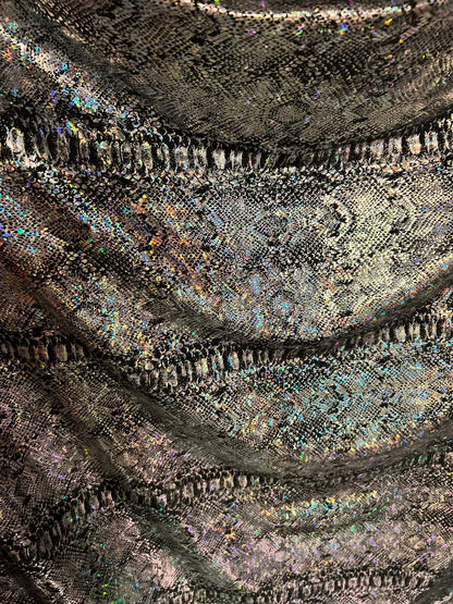 New Exotic Snake design hologram metallic nylon spandex 4-way stretch black/silver 58/60”  wolf by the YD.