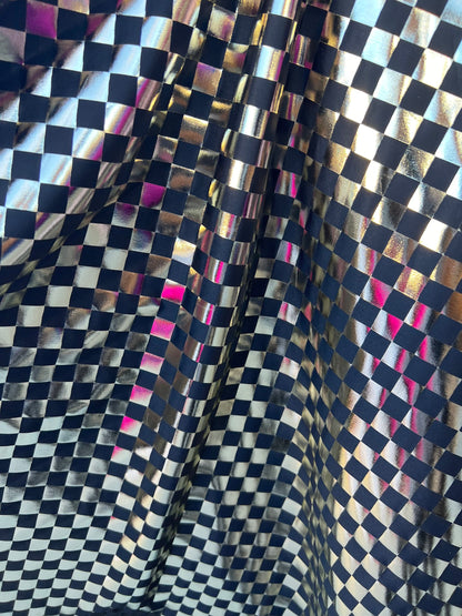 Checkered design metallic poly spandex 2-way stretch 58/60” Sold by the YD. Ships Worldwide from Los Angeles California USA