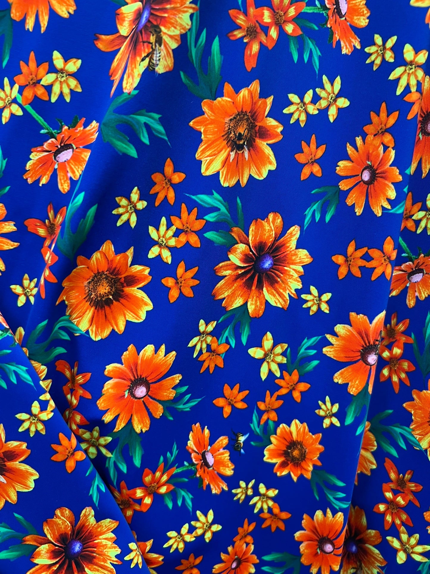 Floral romantic design sapphire/multi print Nylon spandex 4-way stretch 58/60” Sold by the YD. Ships worldwide from Los Angeles CA