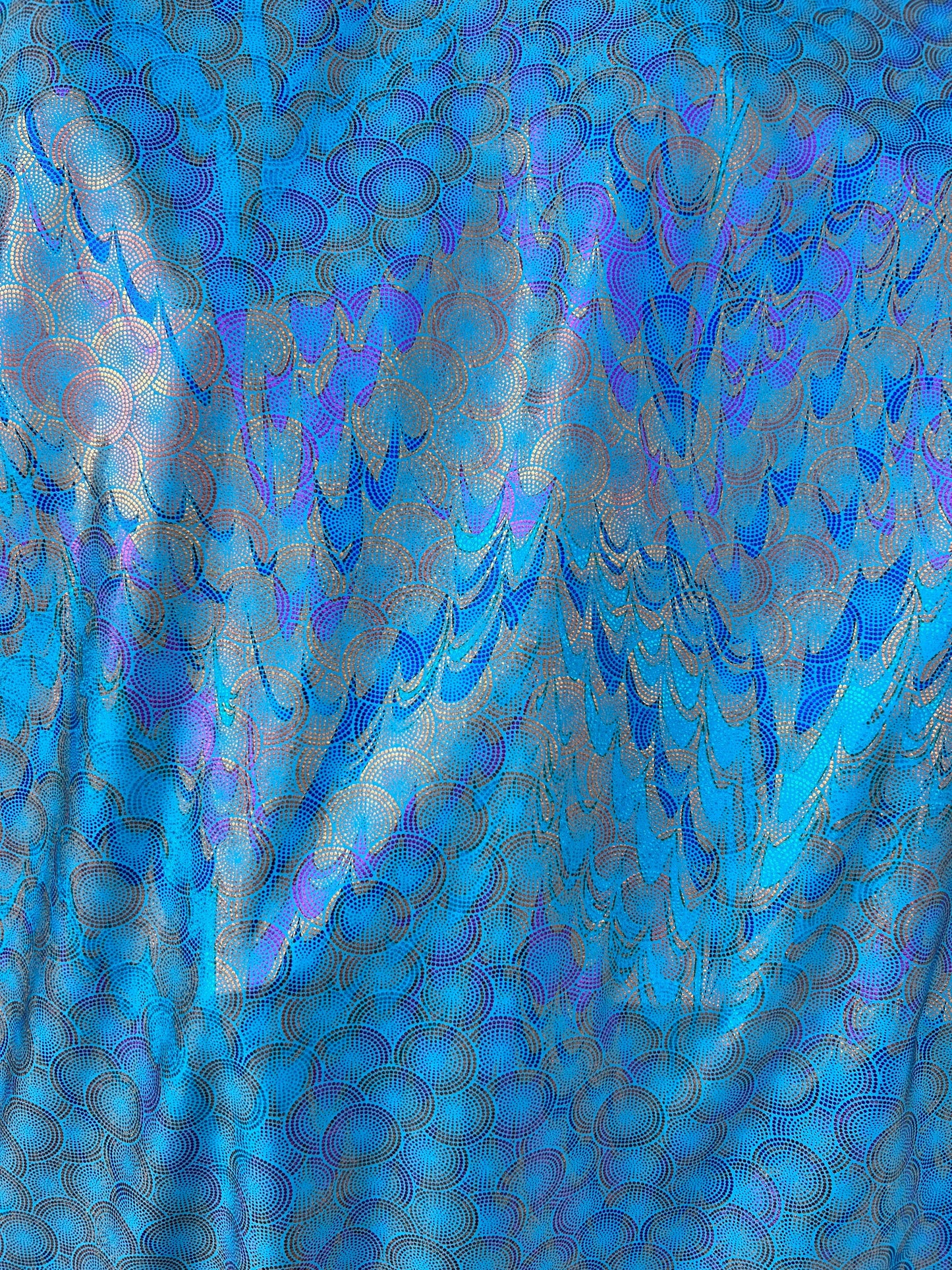 New peacock design hologram Aqua turquoise hologram metallic nylon spandex 4-way stretch 58/60” Sold by the YD. Ships worldwide