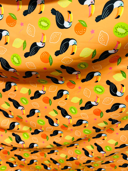 Toucan with tutti-frutti design print on great quality of Nylon spandex 4-way stretch 58/60” Sold by the YD. Ships worldwide