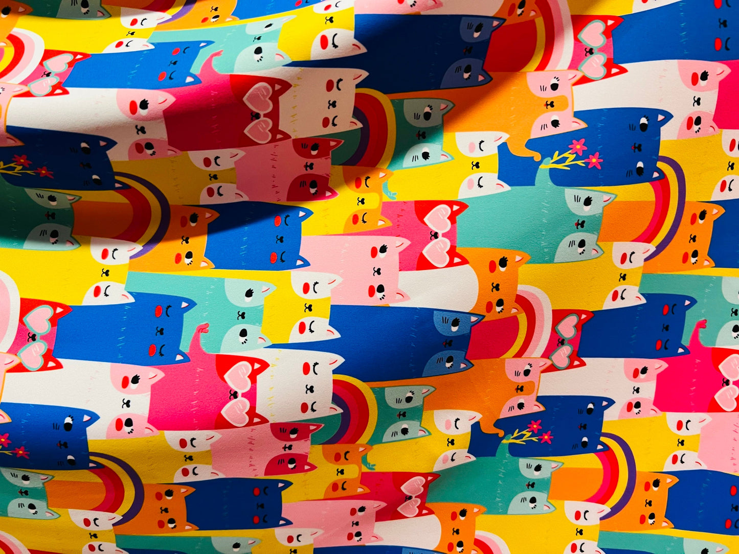 Kitty cat design multicolor print on great quality of Nylon spandex 4-way stretch 58/60” Sold by the YD. Ships worldwide from Los Angeles