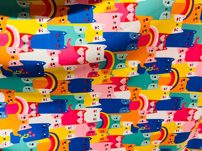 Kitty cat design multicolor print on great quality of Nylon spandex 4-way stretch 58/60” Sold by the YD. Ships worldwide from Los Angeles