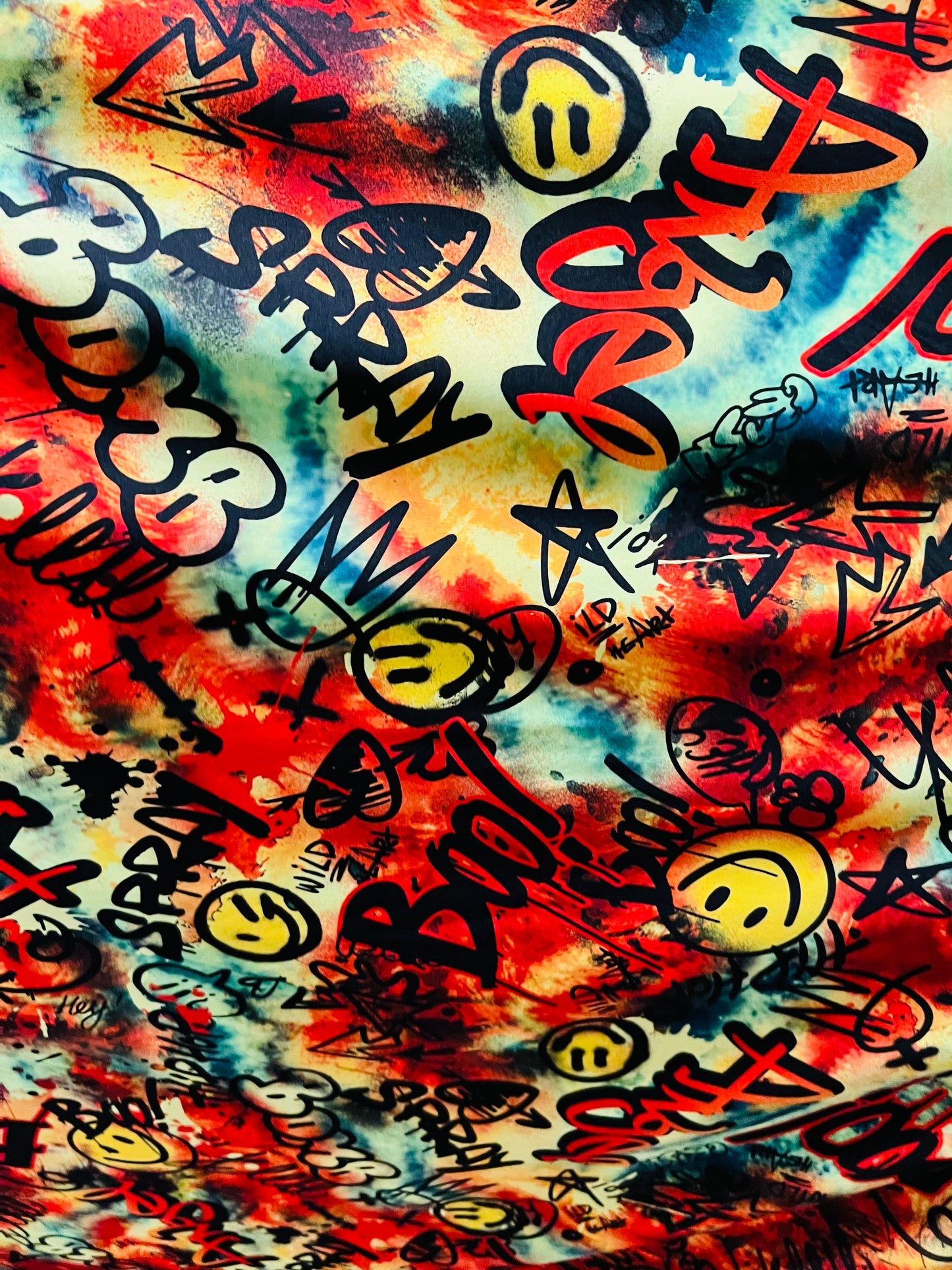 New graffiti design Multicolor print on great quality of poly spandex neon color 4-way stretch 58/60” Sold by the YD. Ships worldwide