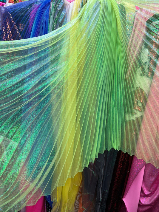 Sunburst pleated fabrics iridescent metallic organza 108” length by 56” width Sold by the PC ships worldwide from Los Angeles California USA