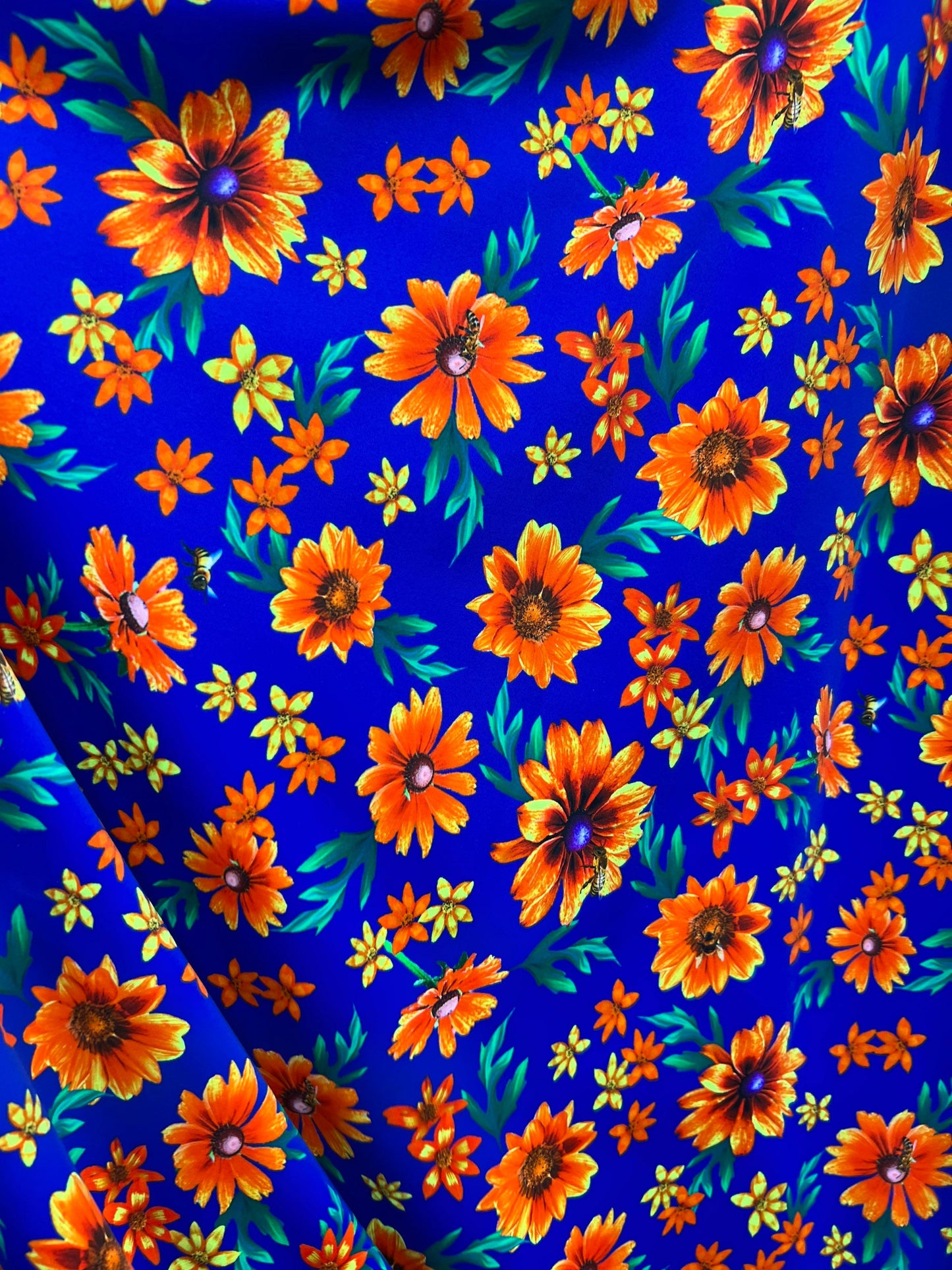 Floral romantic design sapphire/multi print Nylon spandex 4-way stretch 58/60” Sold by the YD. Ships worldwide from Los Angeles CA