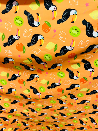 Toucan with tutti-frutti design print on great quality of Nylon spandex 4-way stretch 58/60” Sold by the YD. Ships worldwide