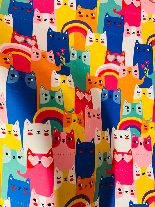 Kitty cat design multicolor print on great quality of Nylon spandex 4-way stretch 58/60” Sold by the YD. Ships worldwide from Los Angeles