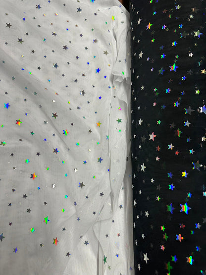 Celestial design hologram stars sequins on power mesh nylon spandex 4-way stretch 58/60” Sold by the YD. Ships worldwide from LA