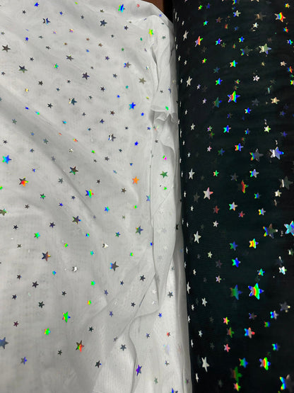 Celestial design hologram stars sequins on power mesh nylon spandex 4-way stretch 58/60” Sold by the YD. Ships worldwide from LA