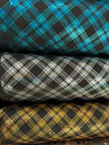 Metallic plaid design on great quality of nylon spandex 4-way stretch 58/60” Sold by the YD. Ships worldwide from Los Angeles California USA