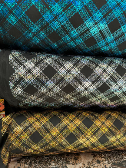 Metallic plaid design on great quality of nylon spandex 4-way stretch 58/60” Sold by the YD. Ships worldwide from Los Angeles California USA