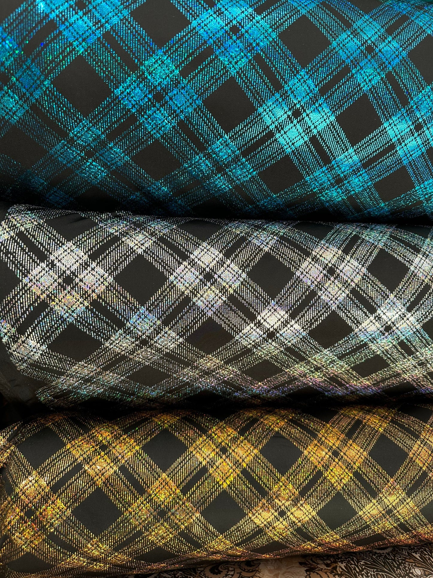 Metallic plaid design on great quality of nylon spandex 4-way stretch 58/60” Sold by the YD. Ships worldwide from Los Angeles California USA