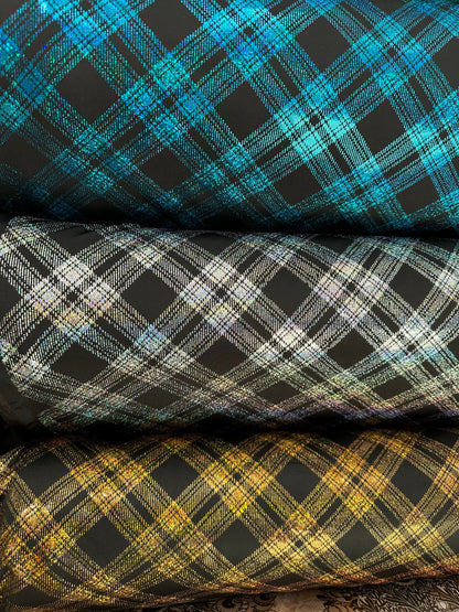 Metallic plaid design on great quality of nylon spandex 4-way stretch 58/60” Sold by the YD. Ships worldwide from Los Angeles California USA