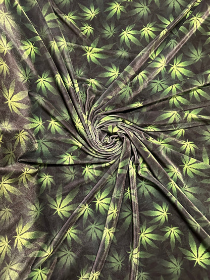 Marijuana leaf design print on great quality of stretch velvet 4-way stretch 58/60” Sold by the YD. Ships worldwide from L.A CA