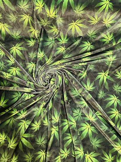 Marijuana leaf design print on great quality of stretch velvet 4-way stretch 58/60” Sold by the YD. Ships worldwide from L.A CA