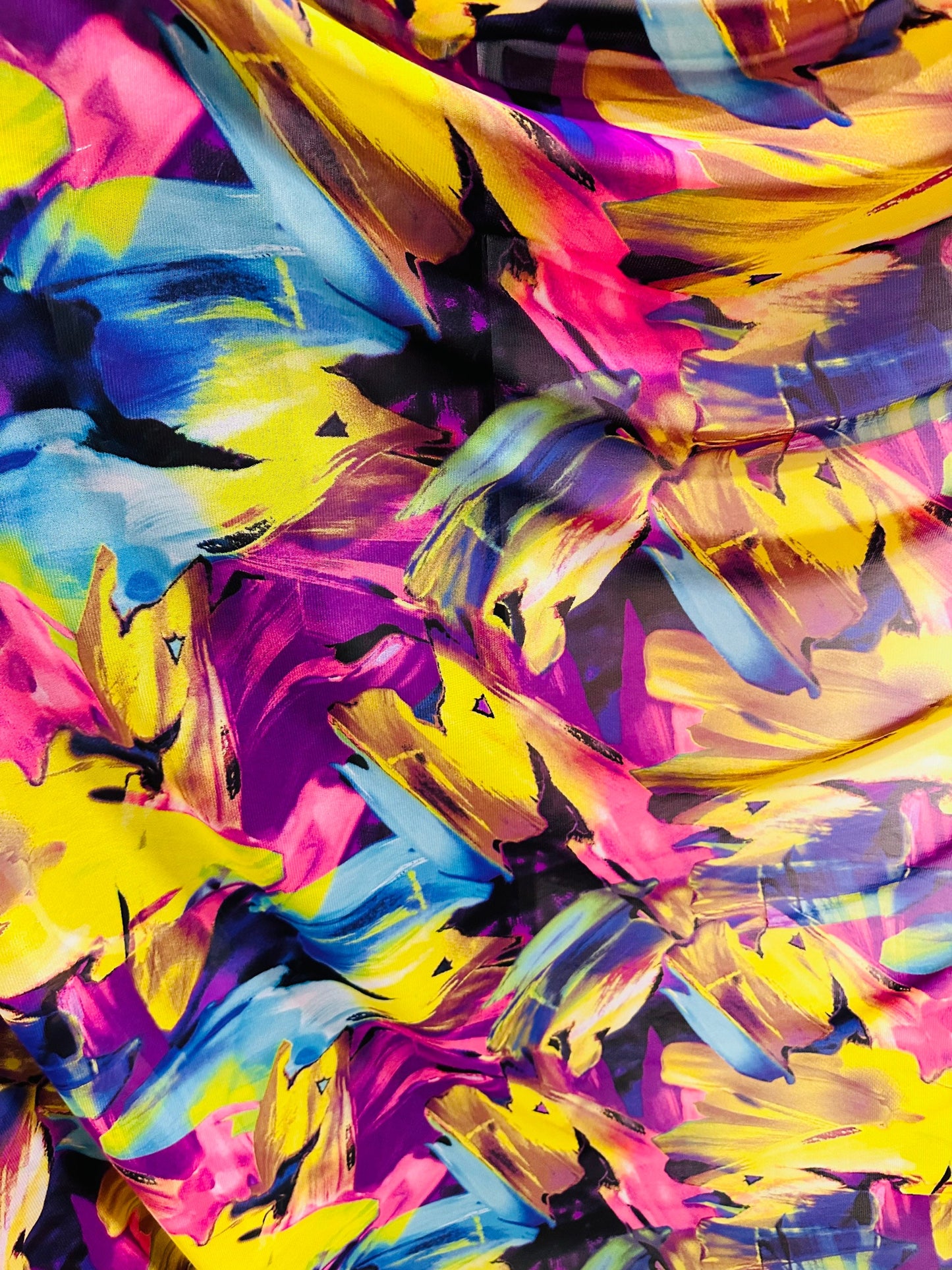 New Abstract design multicolor print on great quality of power mesh nylon spandex 4-way stretch 58/60” Sold by the YD.