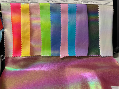 New Iridescent all over foil hologram metallic nylon spandex with all over foil 58/60” Sold by the YD. Ships worldwide from L.A CA