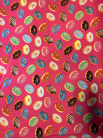 Donuts design Multicolor print on great quality of Nylon spandex 4-way stretch 58/60” Sold by the YD. Ships Worldwide from Los Angeles CA