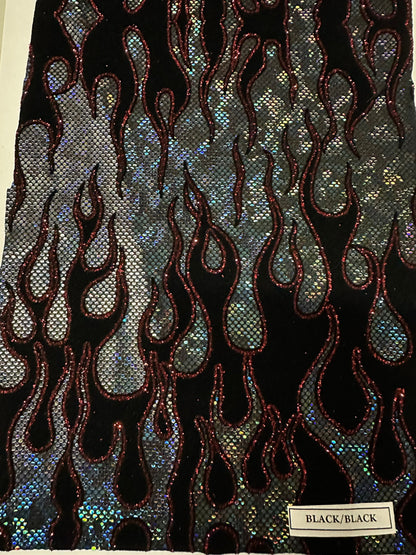 Ghost Rider Flames design hologram shattered glass with flocking metallic nylon spandex 4-way stretch 58/60” Sold by the YD.