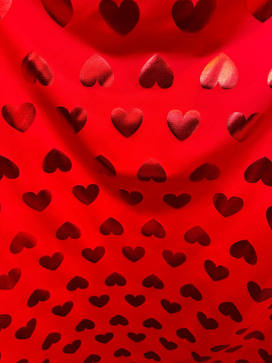 New Love me Hearts design nylon spandex with foil 4-way stretch 58/60” Sold by the YD. Ships worldwide from Los Angeles California USA