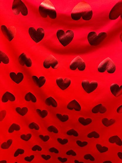 New Love me Hearts design nylon spandex with foil 4-way stretch 58/60” Sold by the YD. Ships worldwide from Los Angeles California USA