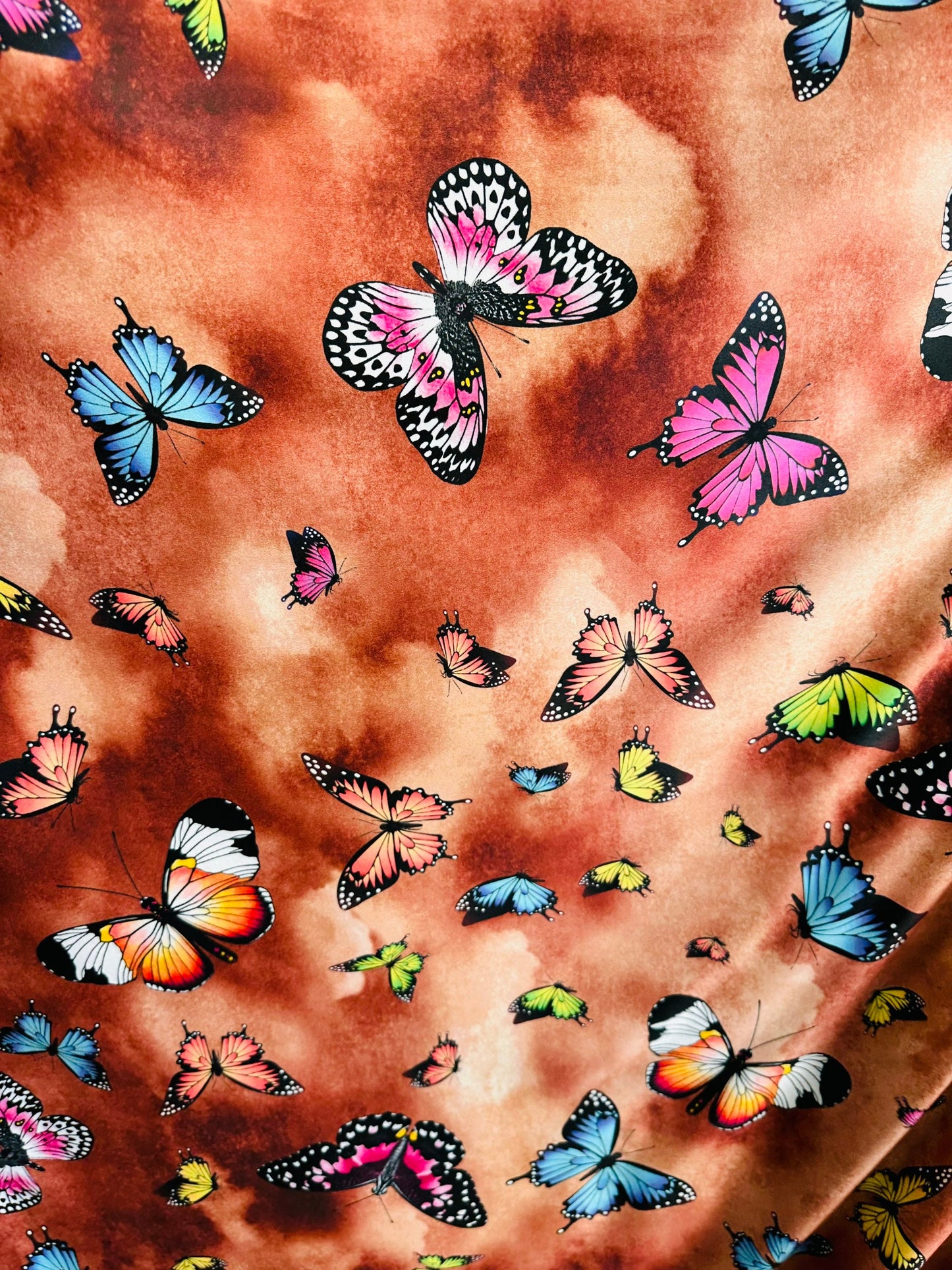 Butterfly design Multicolor print on great quality of poly spandex 2-way stretch 58/60” Sold by the YD. Ships worldwide from L.A CA