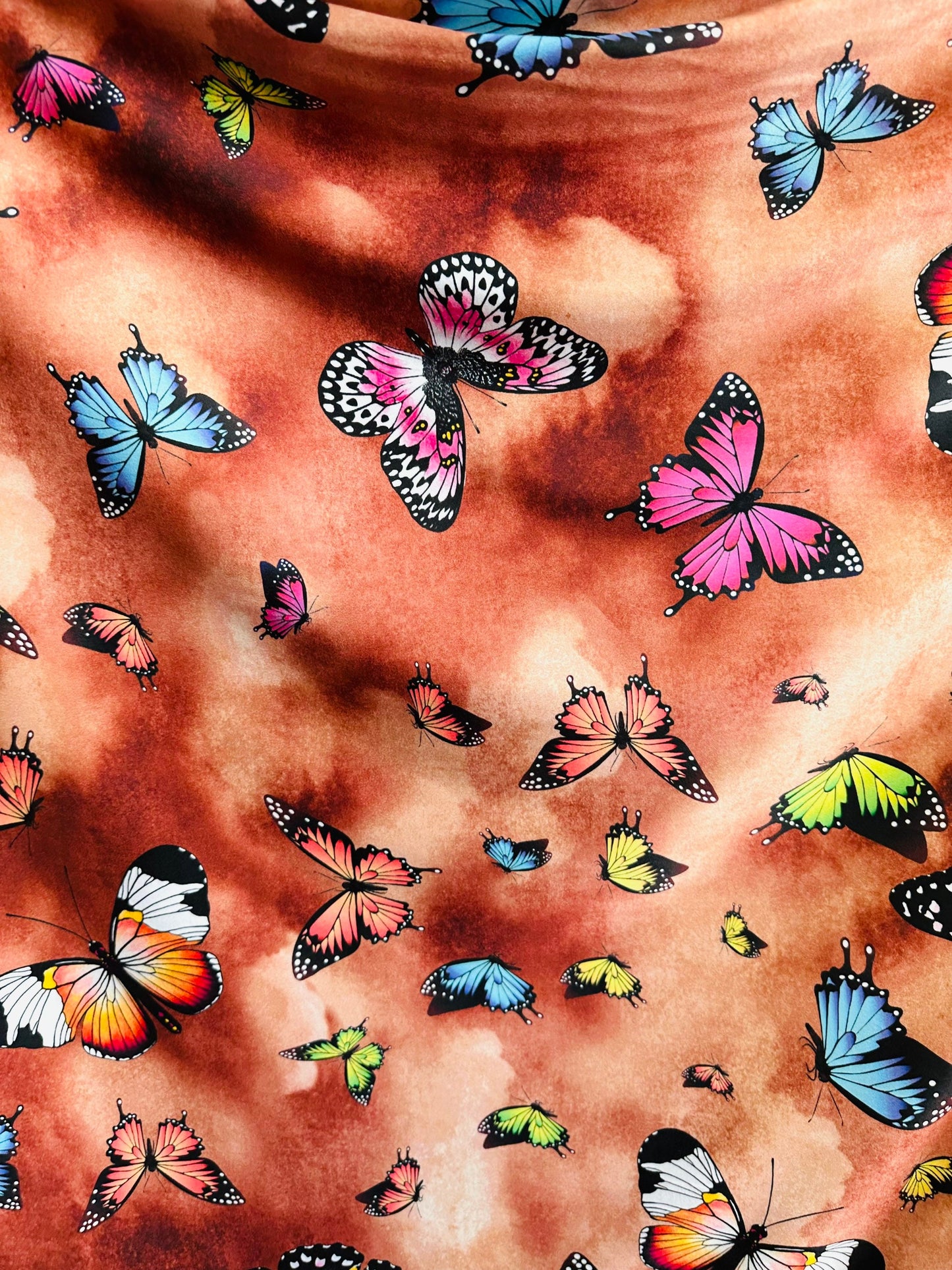 Butterfly design Multicolor print on great quality of poly spandex 2-way stretch 58/60” Sold by the YD. Ships worldwide from L.A CA