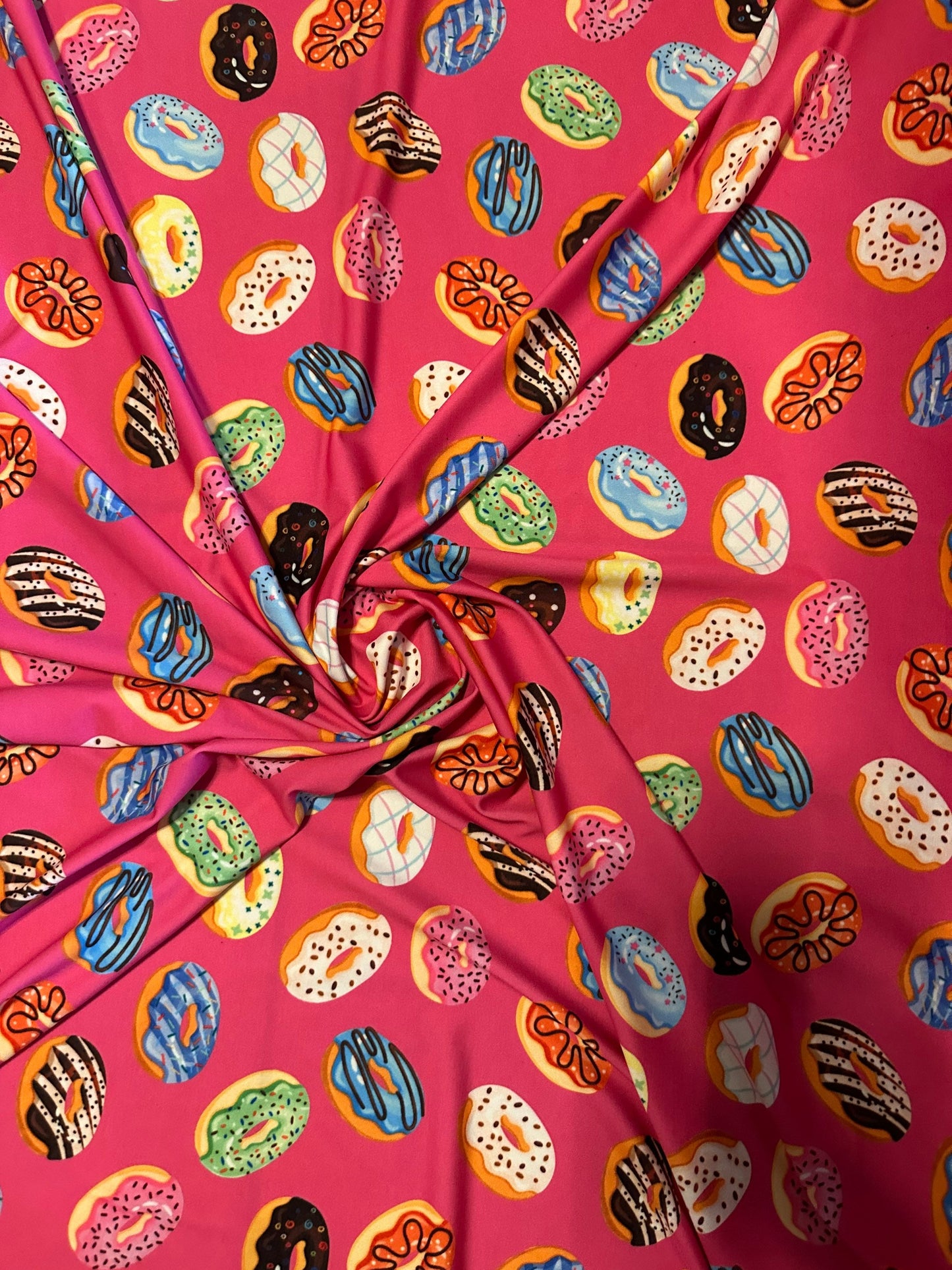 Donuts design Multicolor print on great quality of Nylon spandex 4-way stretch 58/60” Sold by the YD. Ships Worldwide from Los Angeles CA