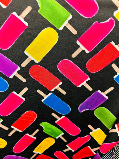 Vivid Ice Cream design black/Multicolor print on great quality of nylon spandex 4-way stretch 58/60” Sold by the YD.