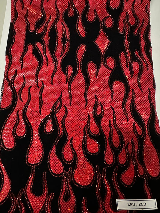 Ghost Rider Flames design hologram shattered glass with flocking metallic nylon spandex 4-way stretch 58/60” Sold by the YD.