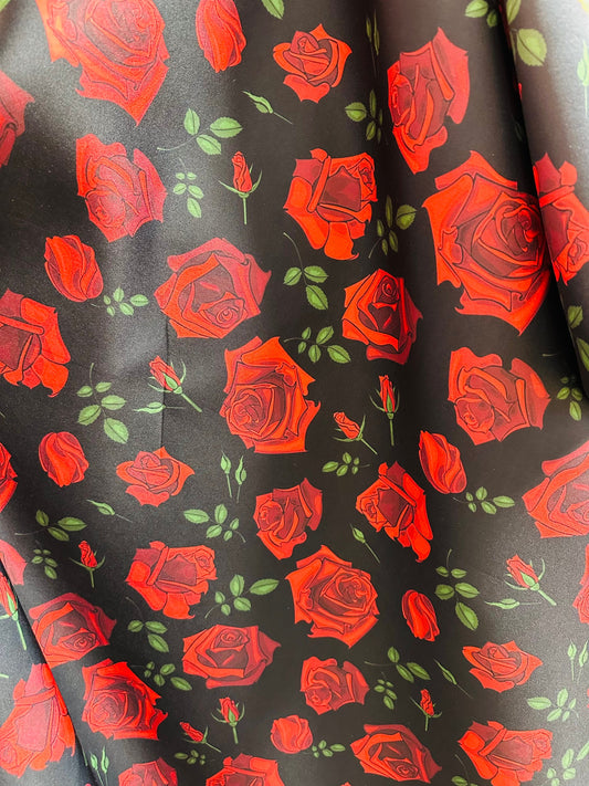 New Romantic Rose design print on great quality of neoprene super techno 2-way stretch black/red sold by the YD. Ships worldwide from L.A